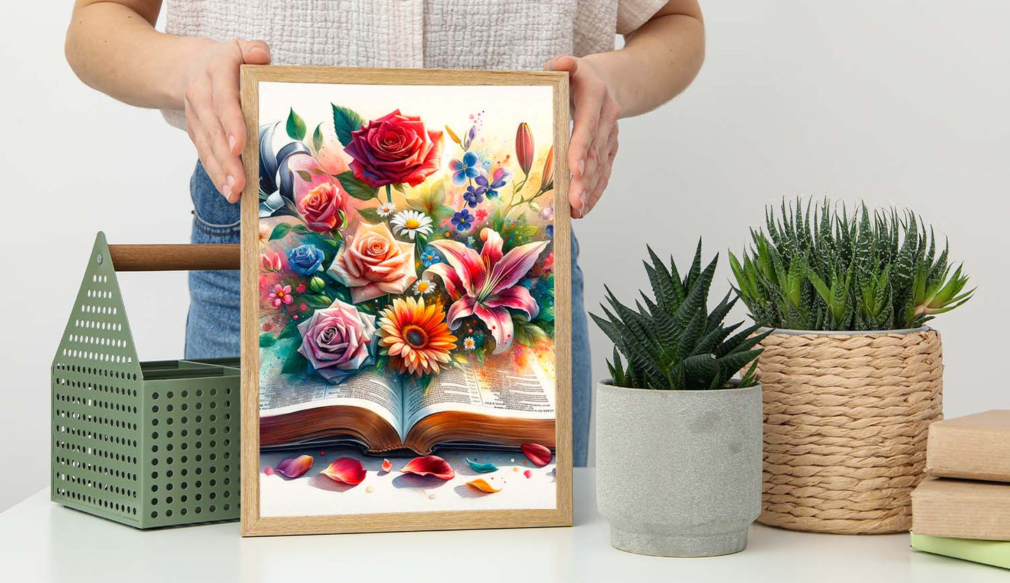 Impresiones de Blossoming Pages: compre una impresión de arte digital premium: experimente la excelencia de nuestras obras de arte en formato PNG y PDF de alta resolución, perfectamente adecuadas para la decoración del hogar y la oficina.