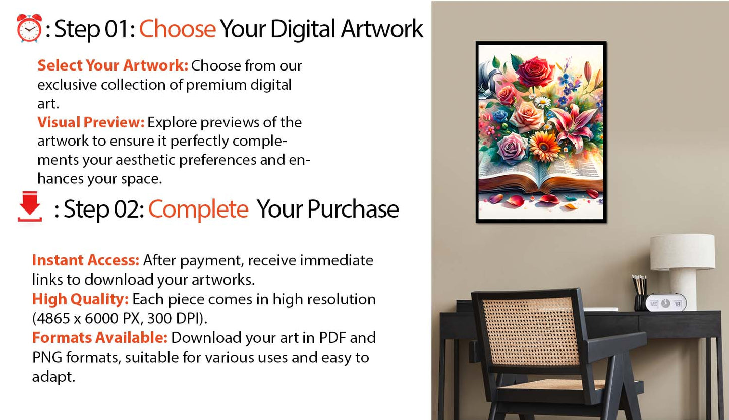 Blossoming Pages Prints + Gratis bonus värderad till $99: Köp ett digitalt konsttryck av högsta kvalitet – Upplev excellensen hos våra högupplösta PNG- och PDF-konstverk, perfekt lämpade för hem- och kontorsinredning.