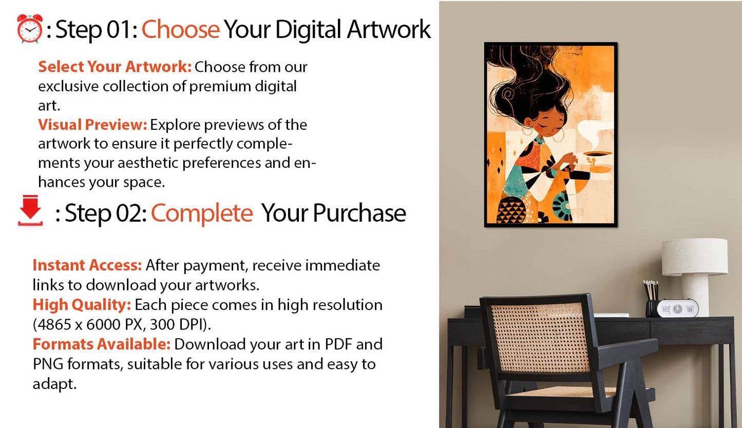 Kaffe och lugna utskrifter + gratis bonus till ett värde av 99 USD: Köp ett digitalt konsttryck av premiumkvalitet – Upplev excellensen hos våra högupplösta PNG- och PDF-konstverk, perfekt lämpade för hem- och kontorsinredning.