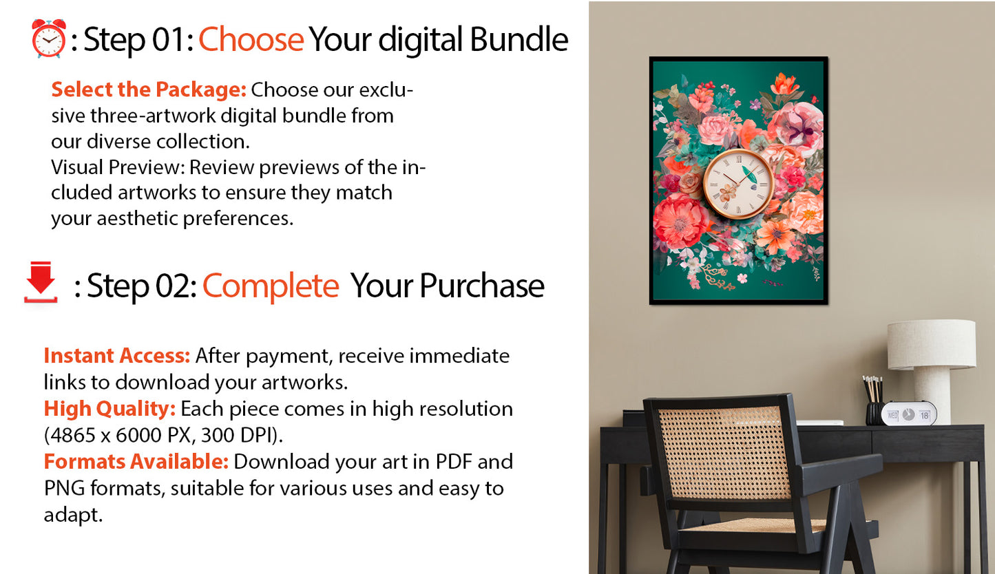 Decor Time Prints + Free Bonus Valued at $99: Buy Two, Get One Free – Three Premium Digital Artworks for the Price of Two. High-Resolution PNG and PDF Downloads for Home and Office Decor