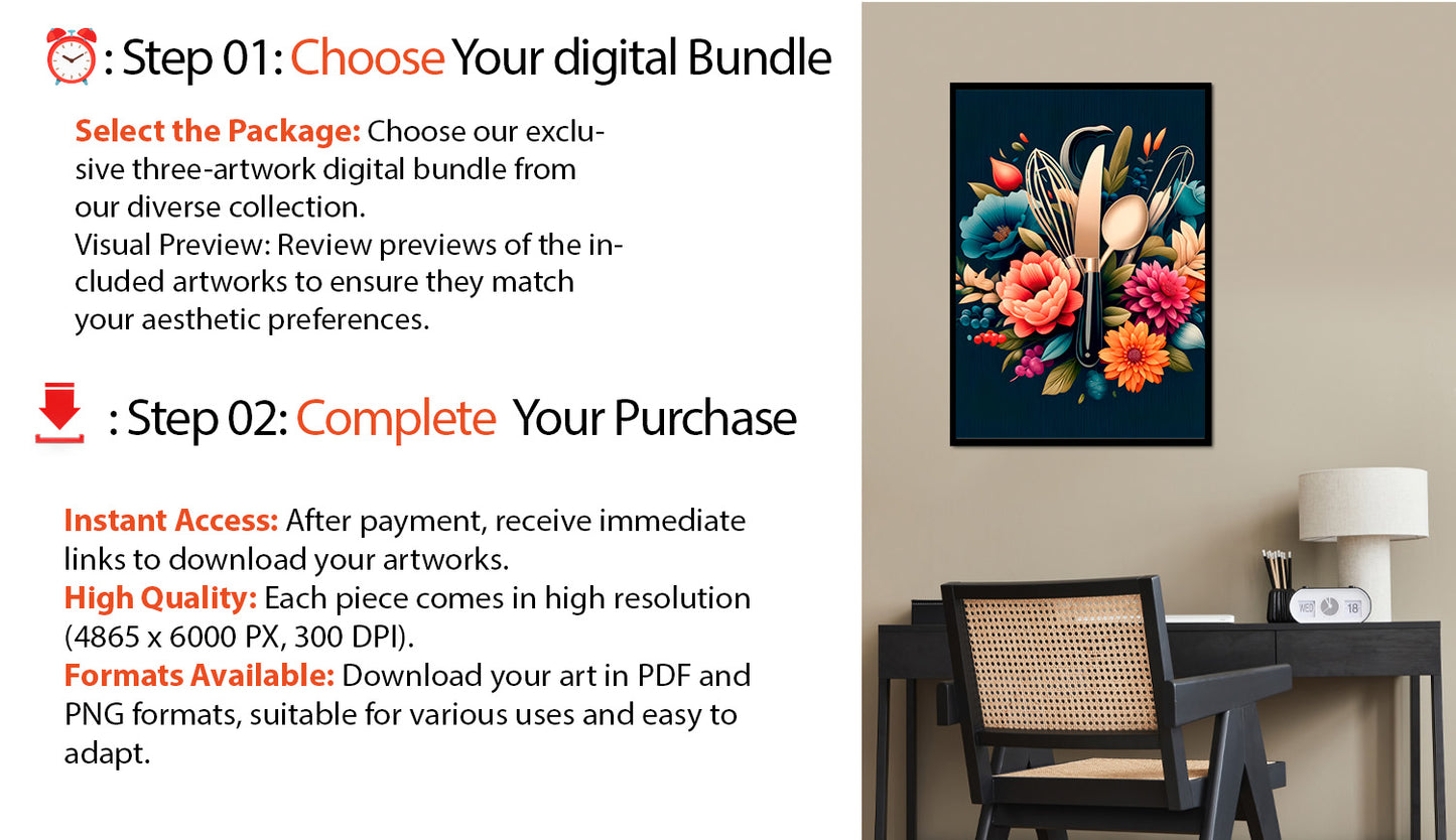 Culinary Blossoms Prints + Free Bonus Valued at $99: Buy Two, Get One Free – Three Premium Digital Artworks for the Price of Two. High-Resolution PNG and PDF Downloads for Home and Office Decor
