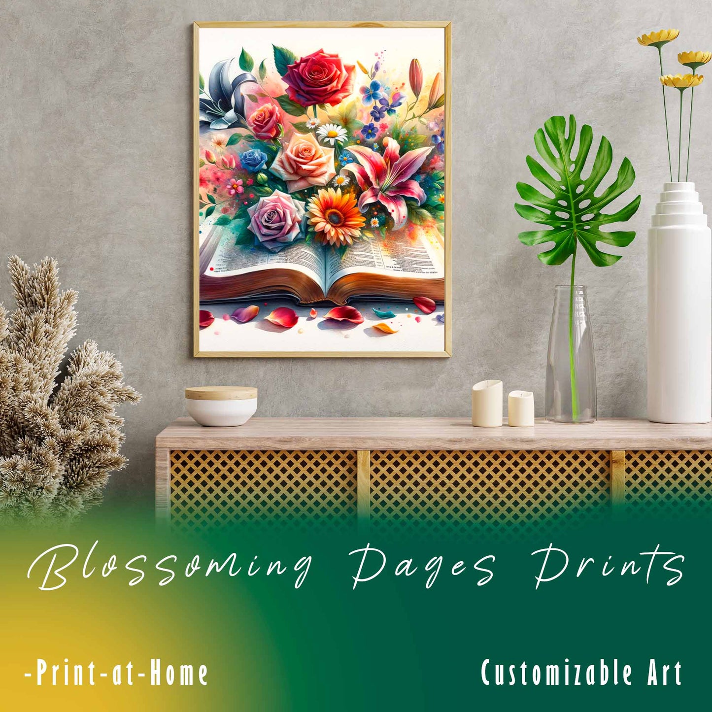 Impresiones de Blossoming Pages: compre una impresión de arte digital premium: experimente la excelencia de nuestras obras de arte en formato PNG y PDF de alta resolución, perfectamente adecuadas para la decoración del hogar y la oficina.